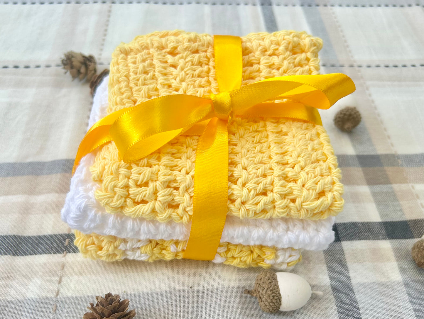 Yellow & White Crochet Washcloths Set of 3