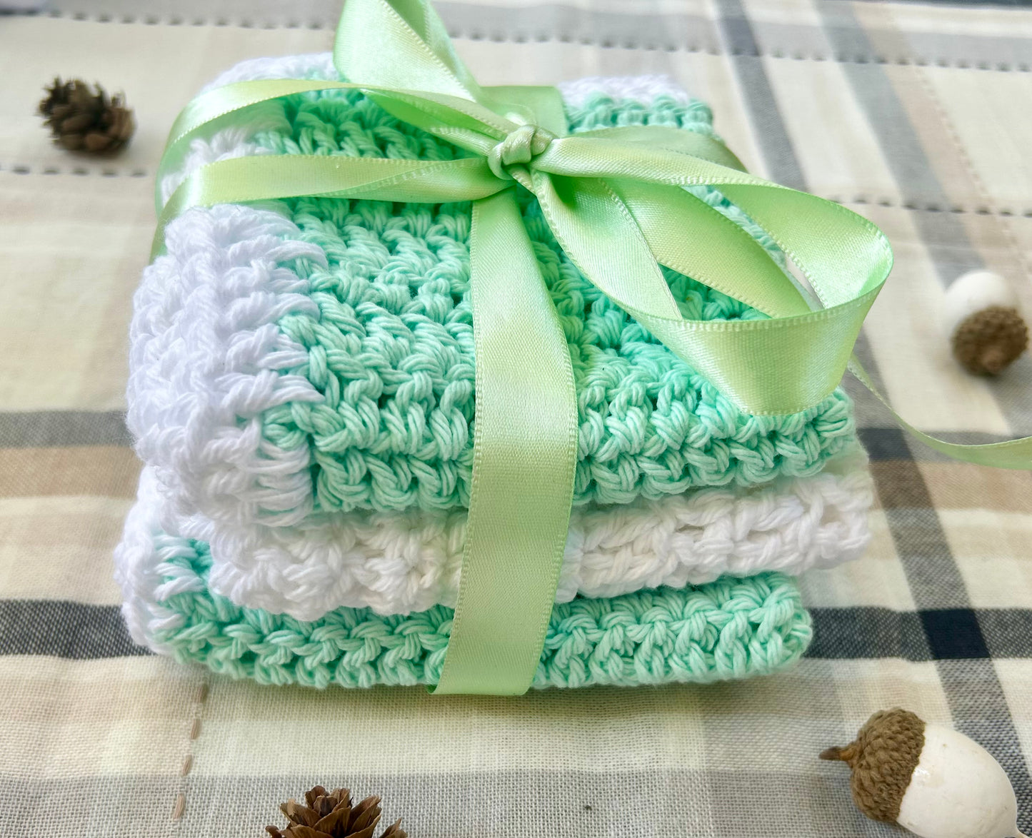 Green & White Crochet Washcloths