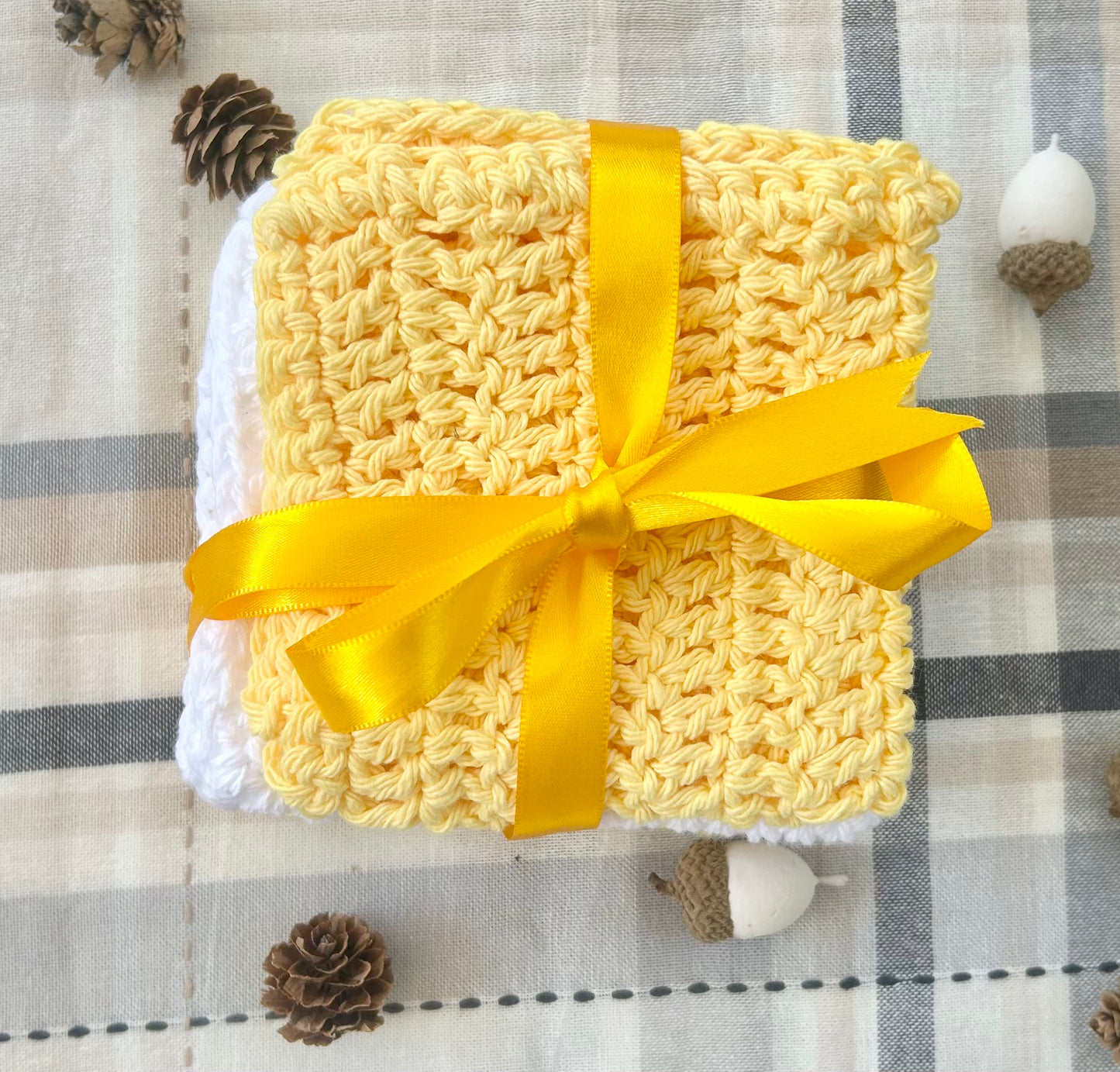 Yellow & White Crochet Washcloths Set of 3
