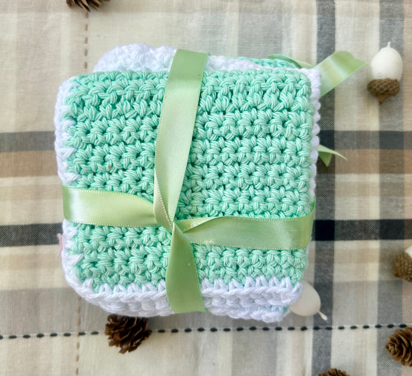 Green & White Crochet Washcloths