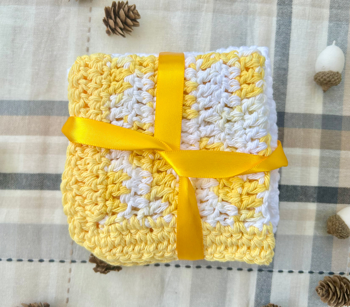 Yellow & White Crochet Washcloths Set of 3