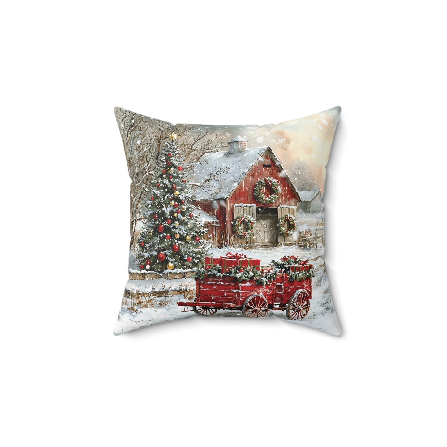 Red Wagon Christmas Throw Pillow Series-Red Christmas Barn