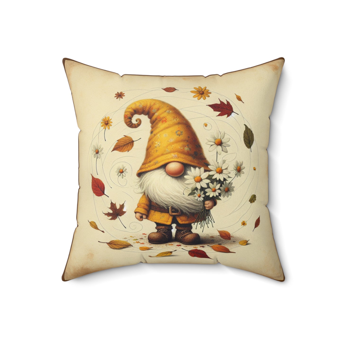 Yellow Gnome with Daises Throw Pillow