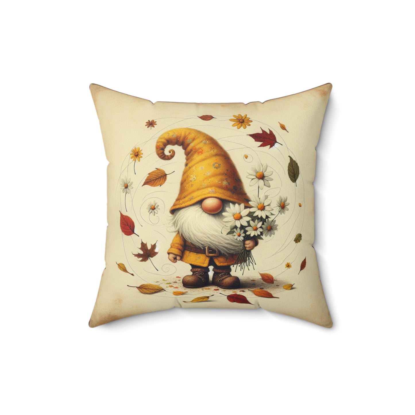 Yellow Gnome with Daises Throw Pillow