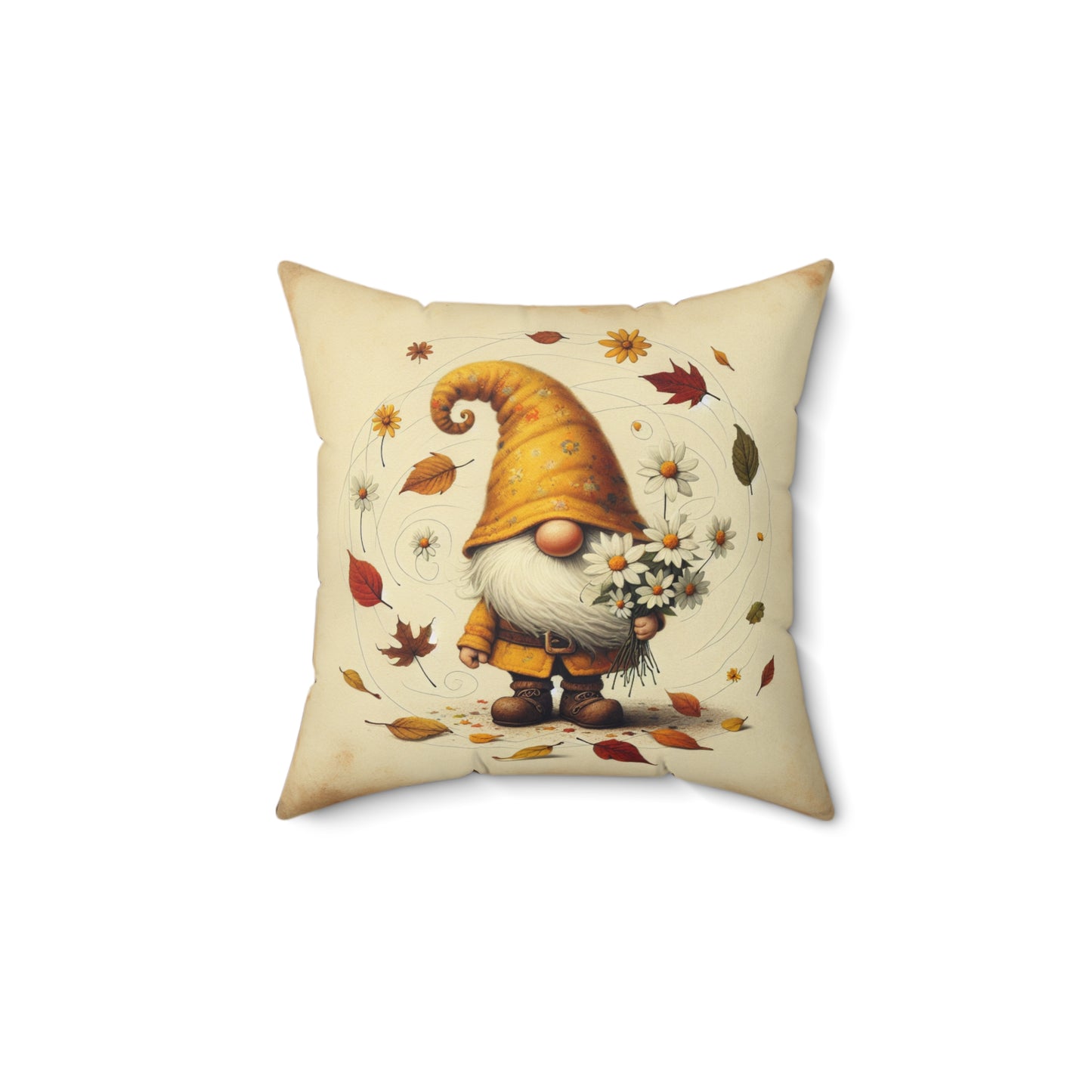 Yellow Gnome with Daises Throw Pillow