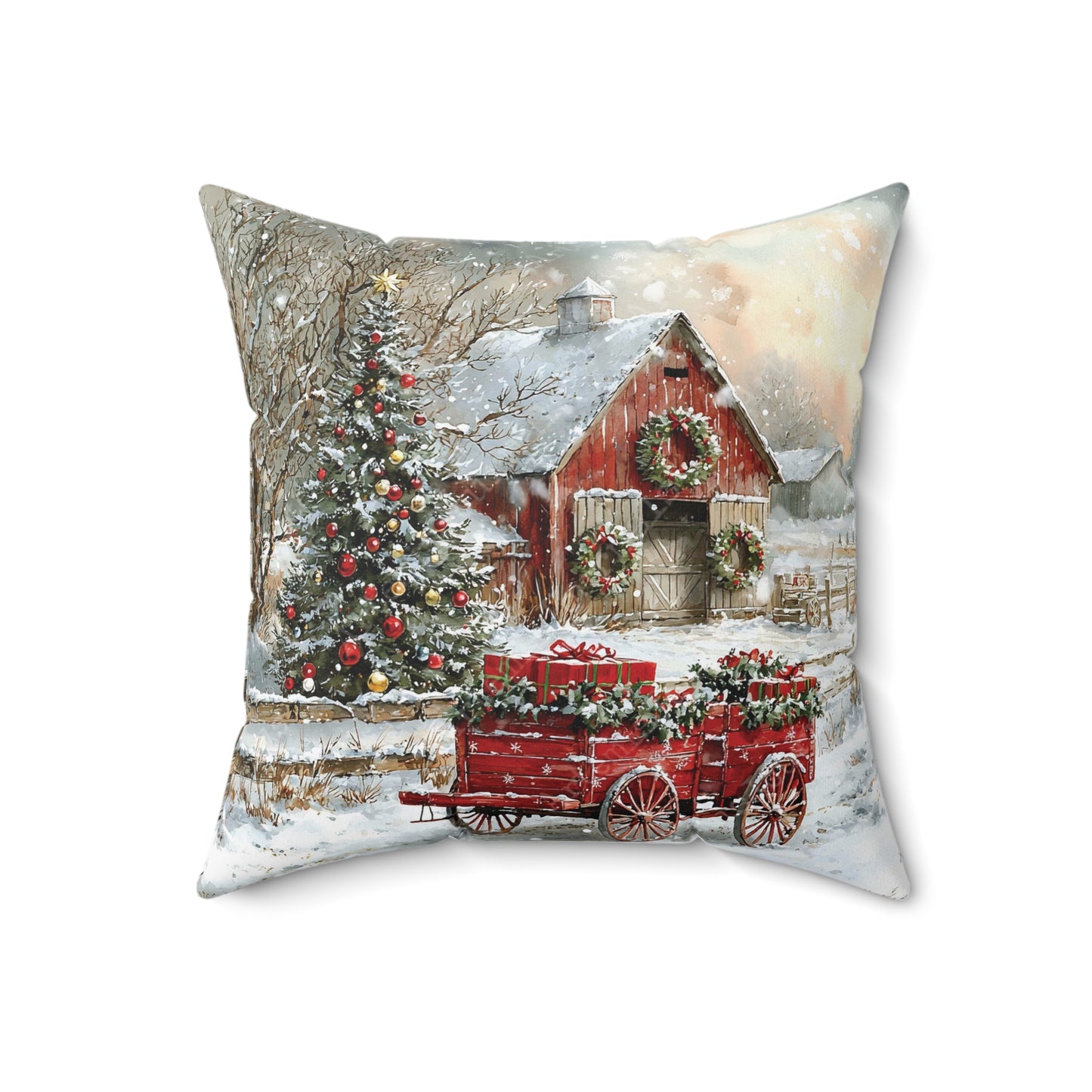 Red Wagon Christmas Throw Pillow Series-Red Christmas Barn