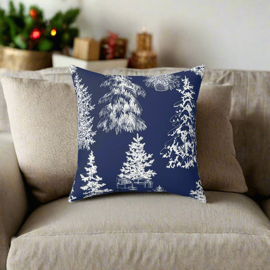 Snowy Trees Throw Pillow-Dark Blue