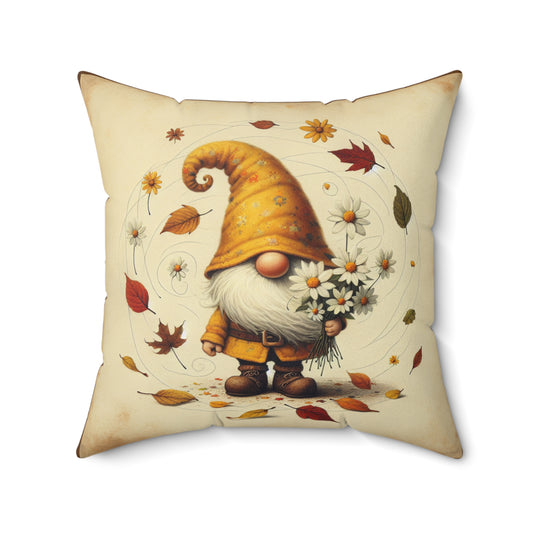 Yellow Gnome with Daises Throw Pillow