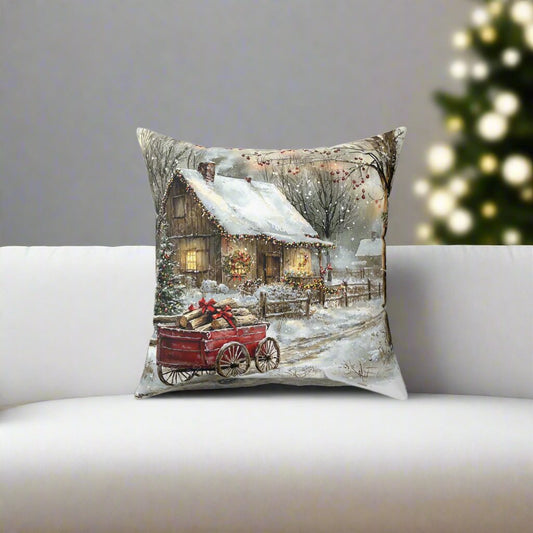 Red Wagon Christmas Throw Pillow Series-Christmas Cabin