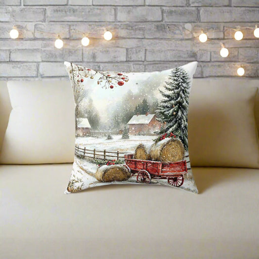 Red Hay Wagon Christmas Throw Pillow Series-Haywagon