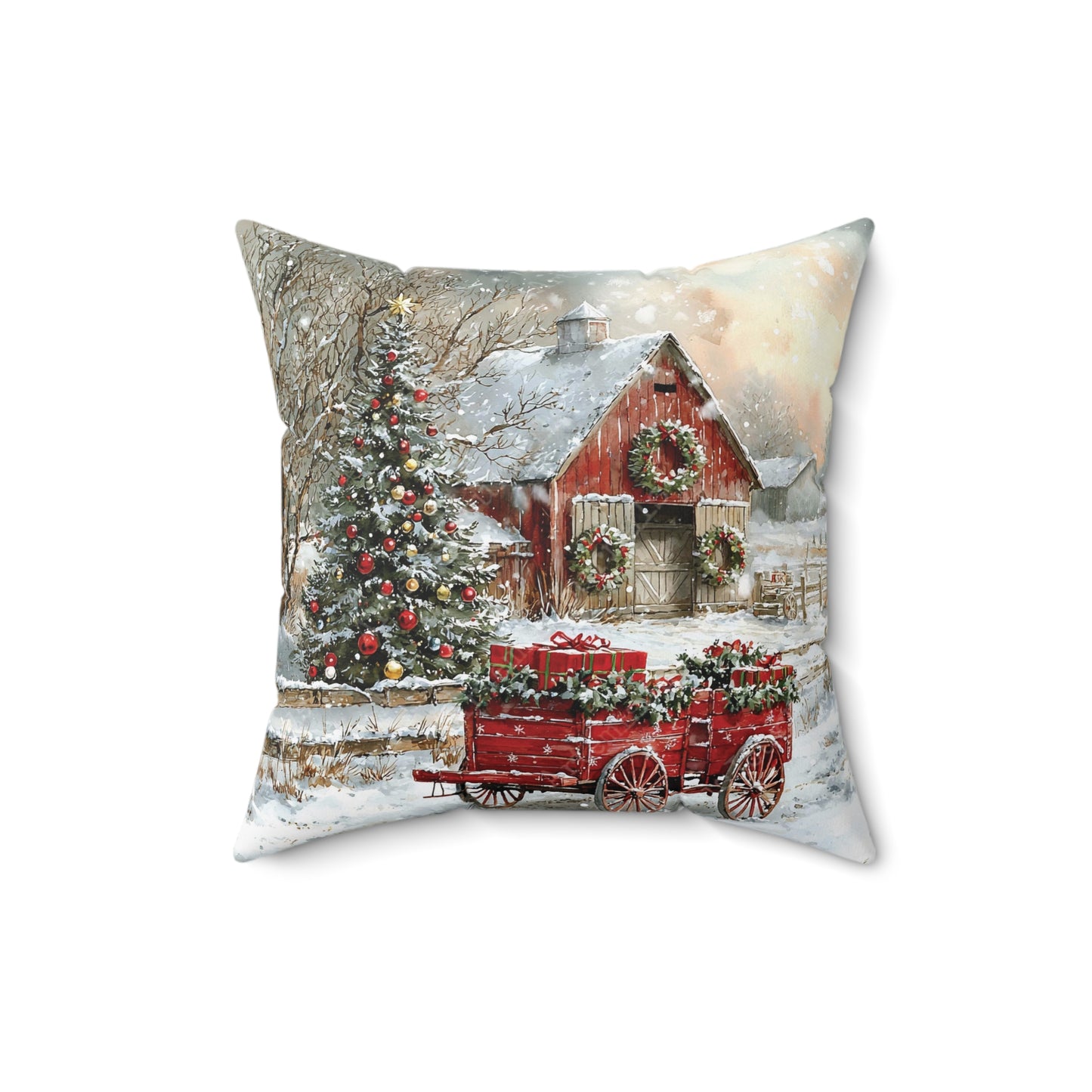 Red Wagon Christmas Throw Pillow Series-Red Christmas Barn