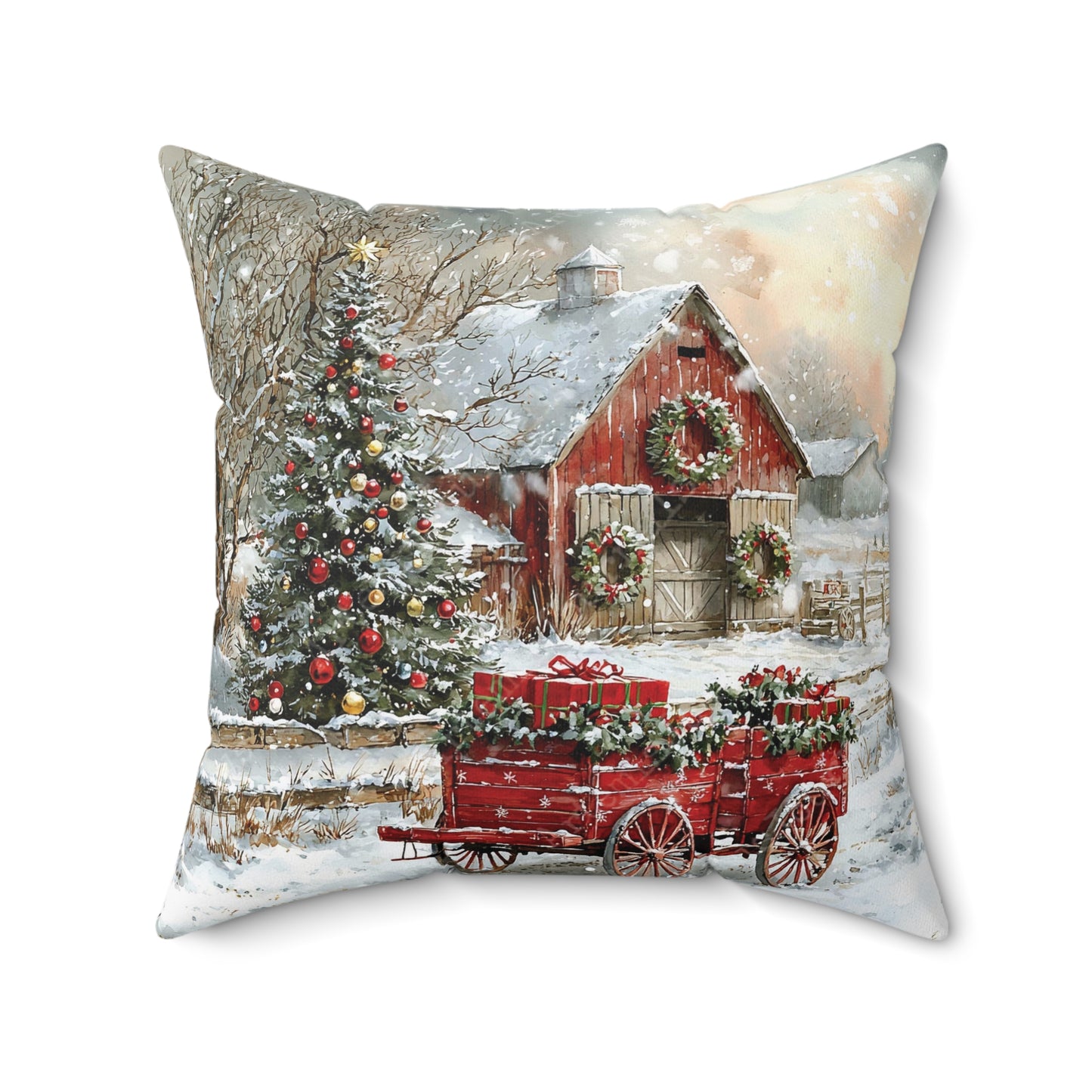 Red Wagon Christmas Throw Pillow Series-Red Christmas Barn