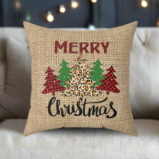 Merry Christmas Buffalo and Leopard Burlap-look Throw Pillow