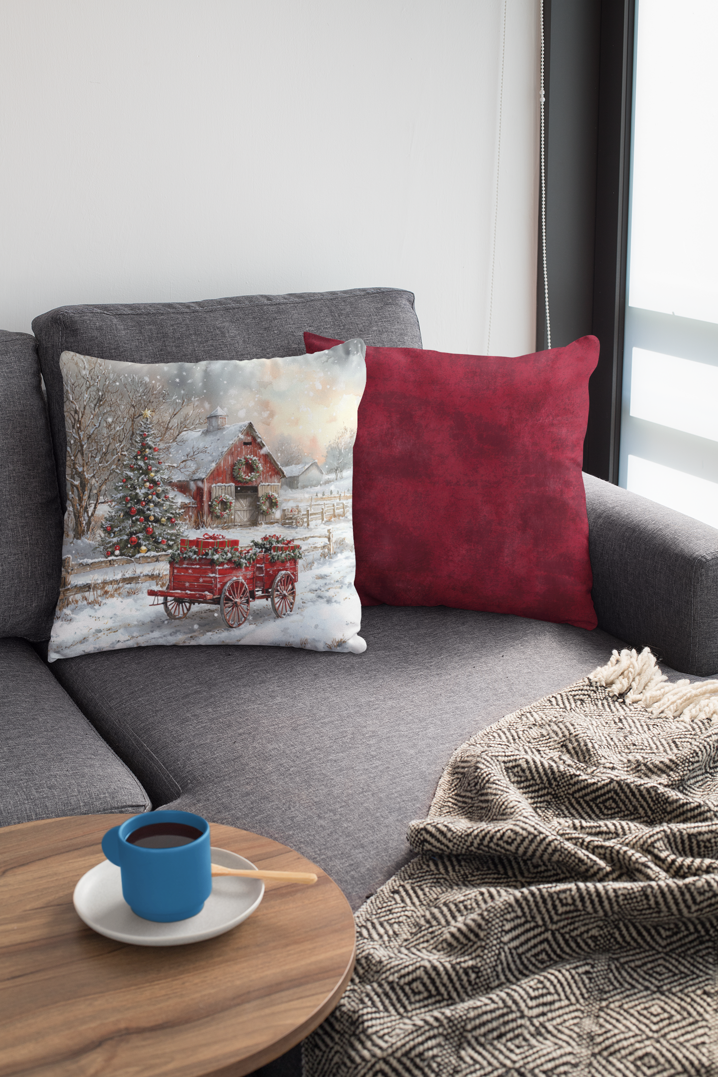 Red Wagon Christmas Throw Pillow Series-Red Christmas Barn